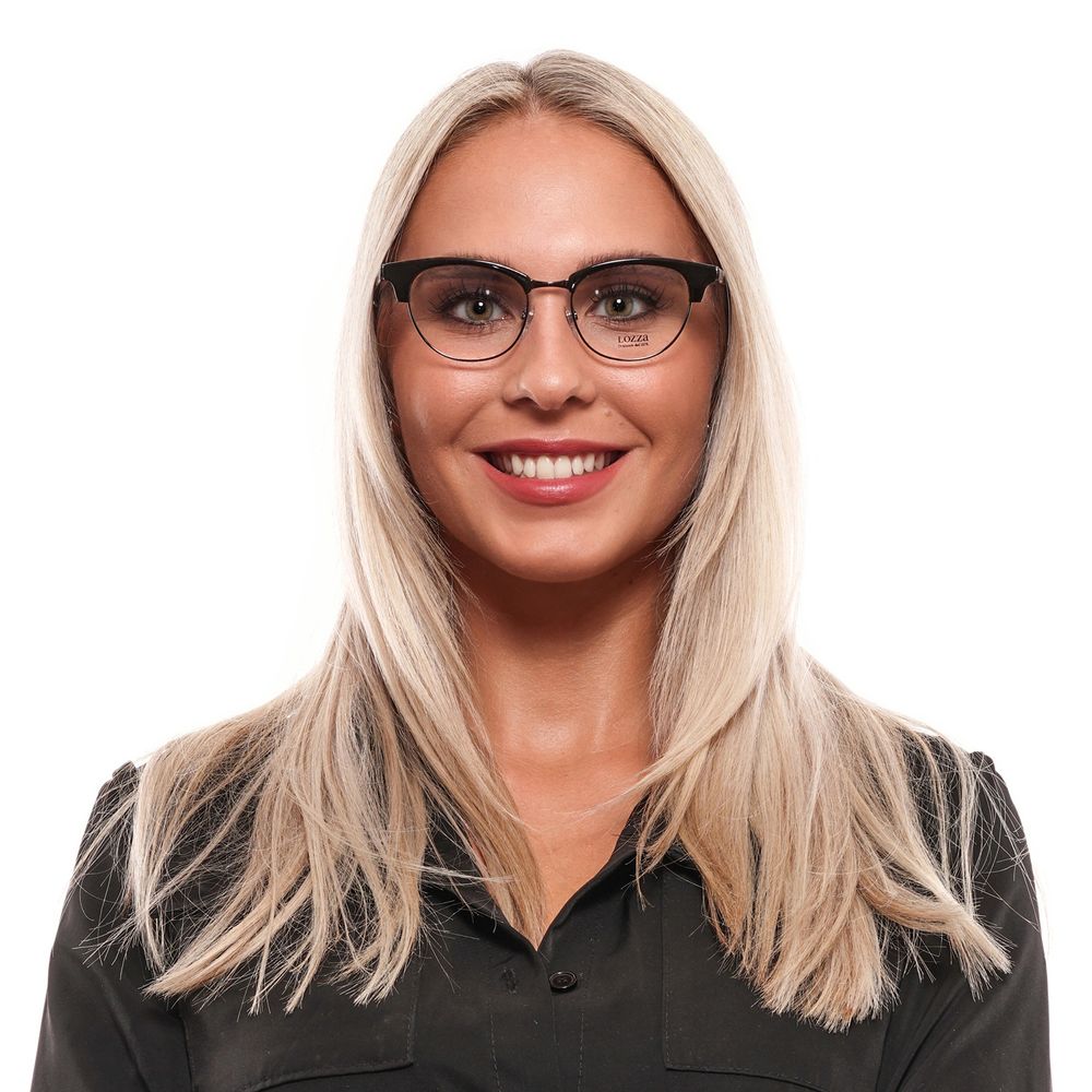 Woman wearing Lozza Black Women Glasses Frame with full-rim round style, plastic material, and a branded case.