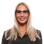 Woman wearing Lozza Black Women Glasses Frame with full-rim round style, plastic material, and a branded case.