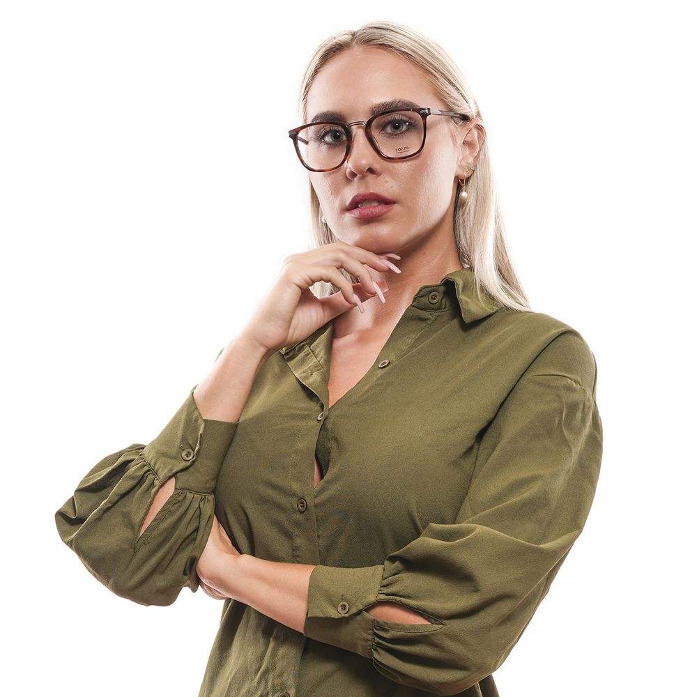 Woman wearing Lozza Brown Unisex Glasses Frame in olive green shirt.