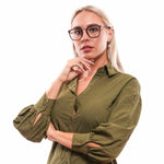 Woman wearing Lozza Brown Unisex Glasses Frame in olive green shirt.