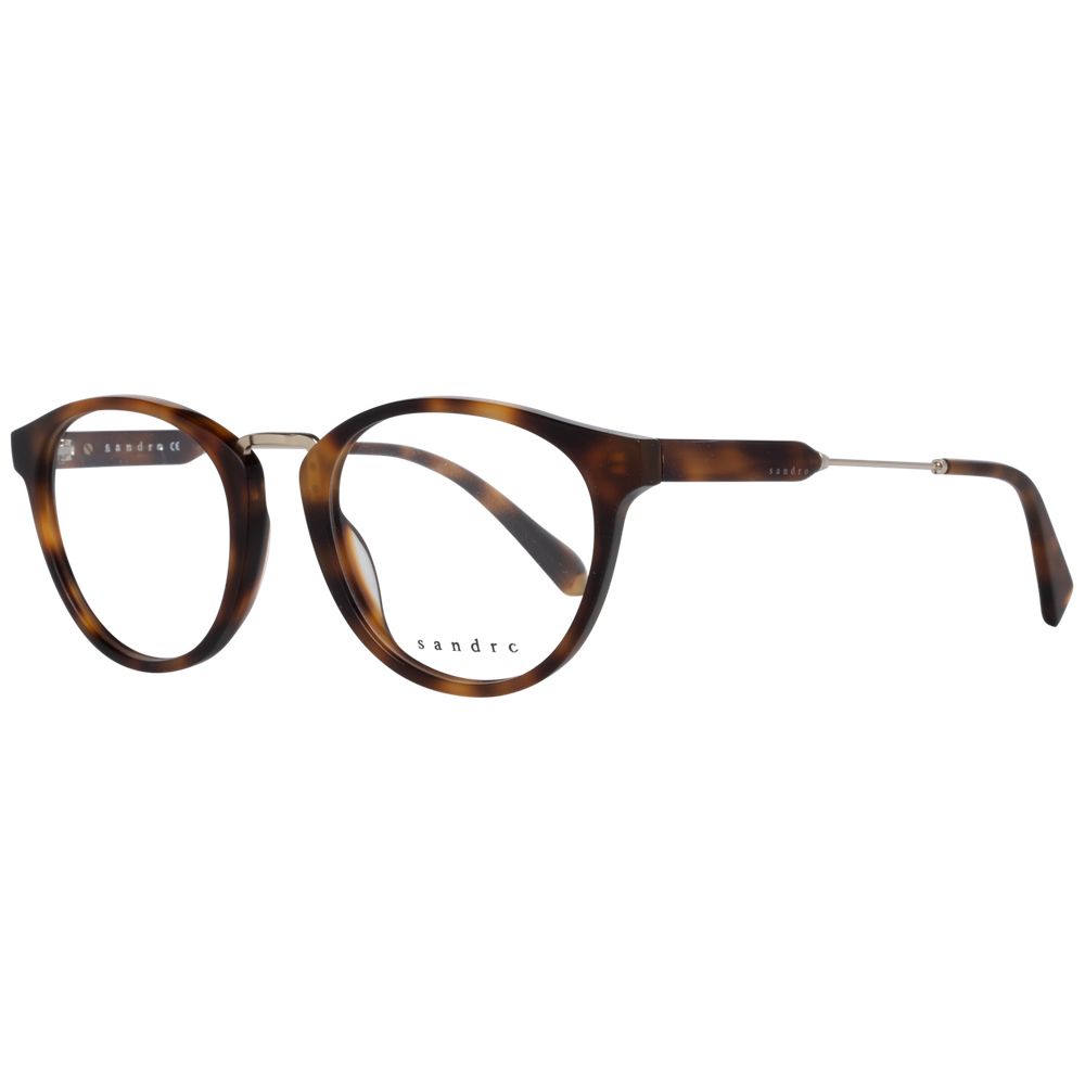 Sandro Brown Men Glasses Frame, round full-rim plastic eyewear with branded case, lens width 49mm, bridge width 19mm, temple length 145mm.