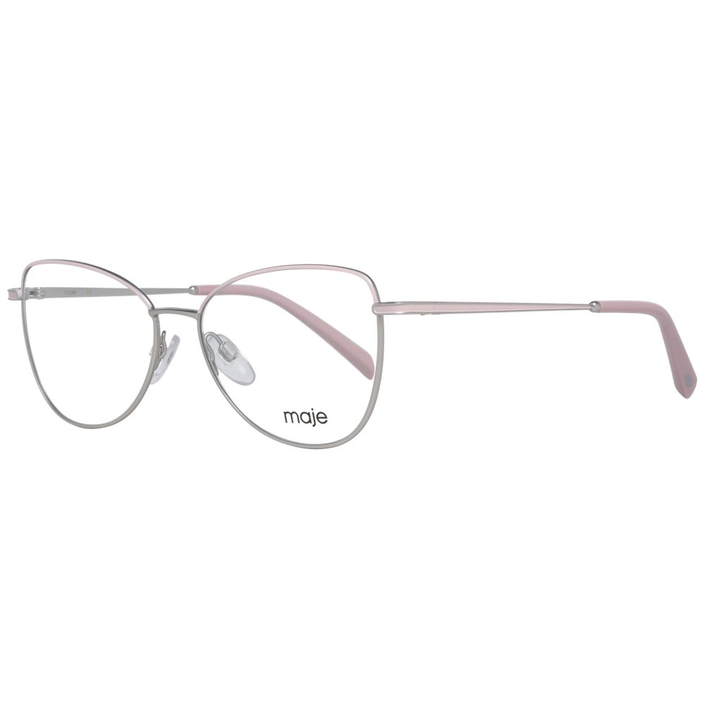 Maje Pink Women Glasses Frame, rose silver geometric full-rim metal eyeglasses with demo lenses, size 52-15-135, includes branded case.