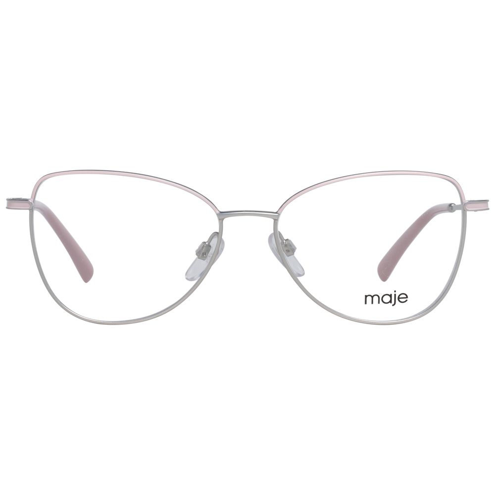 Maje Pink Women Glasses Frame, full-rim geometric design, with silver metal frame and demo lenses. Size 52-15-135, includes branded case.
