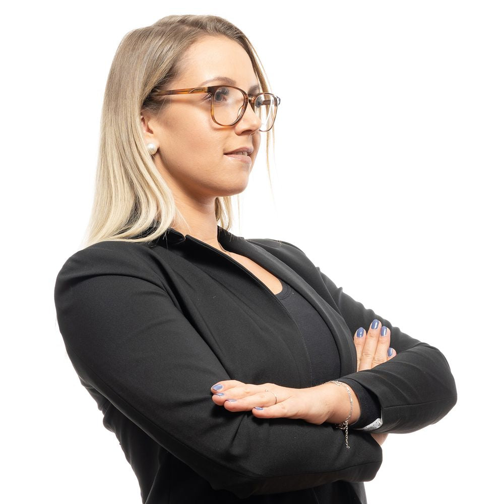 Maje Brown Women Glasses Frame worn by a woman in a black blazer, showcasing full-rim style and plastic material.
