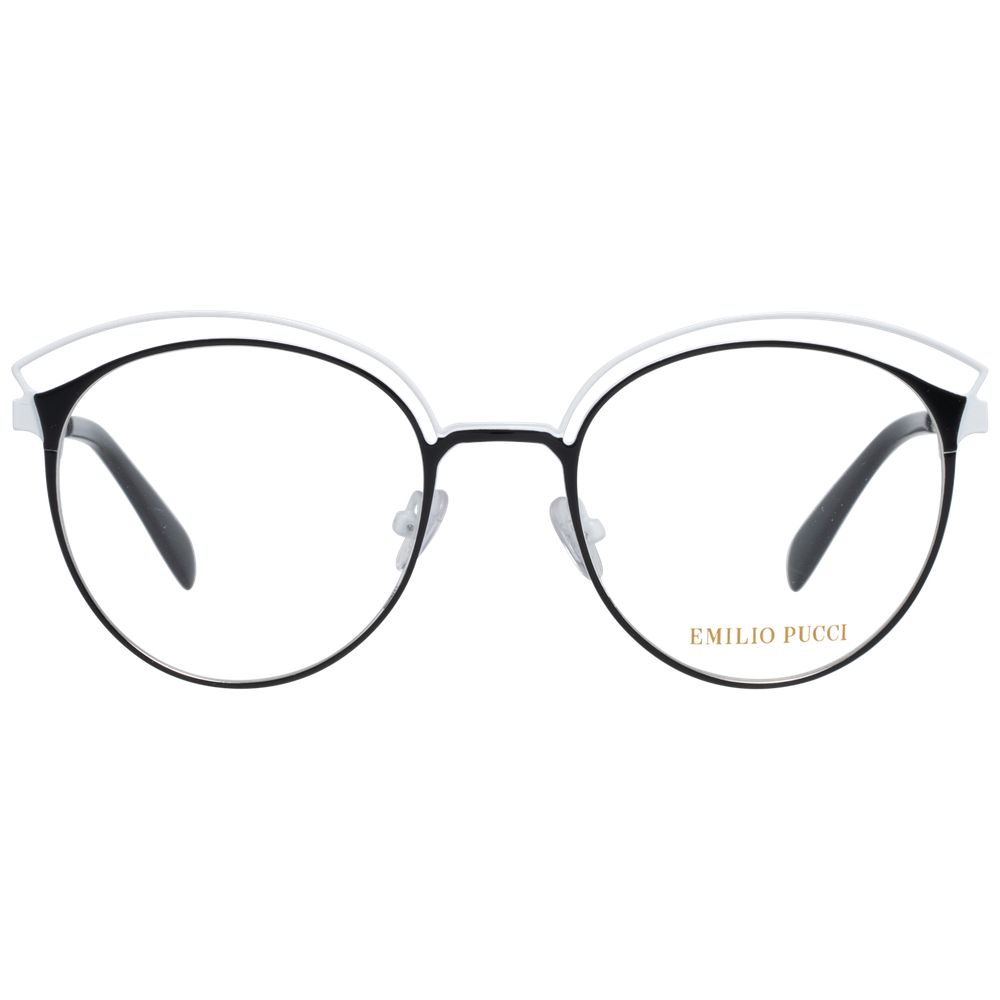 Emilio Pucci Black Women Glasses Frame with metal full-rim, 49mm lenses, 19mm bridge, and 140mm temples, includes branded case.