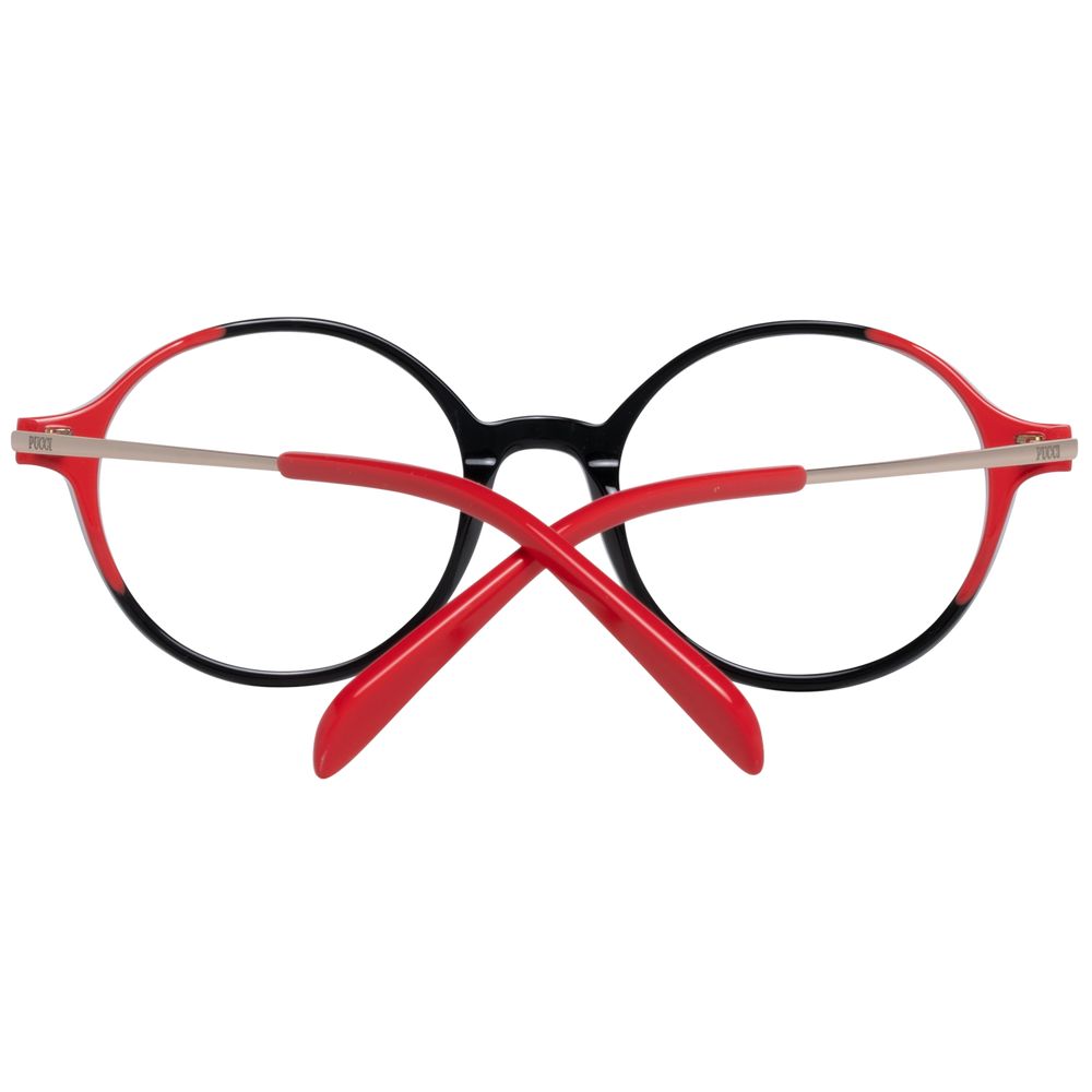 Red and black round glasses with full-rim plastic frame and crossed temples, back view.
