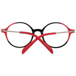 Red and black round glasses with full-rim plastic frame and crossed temples, back view.
