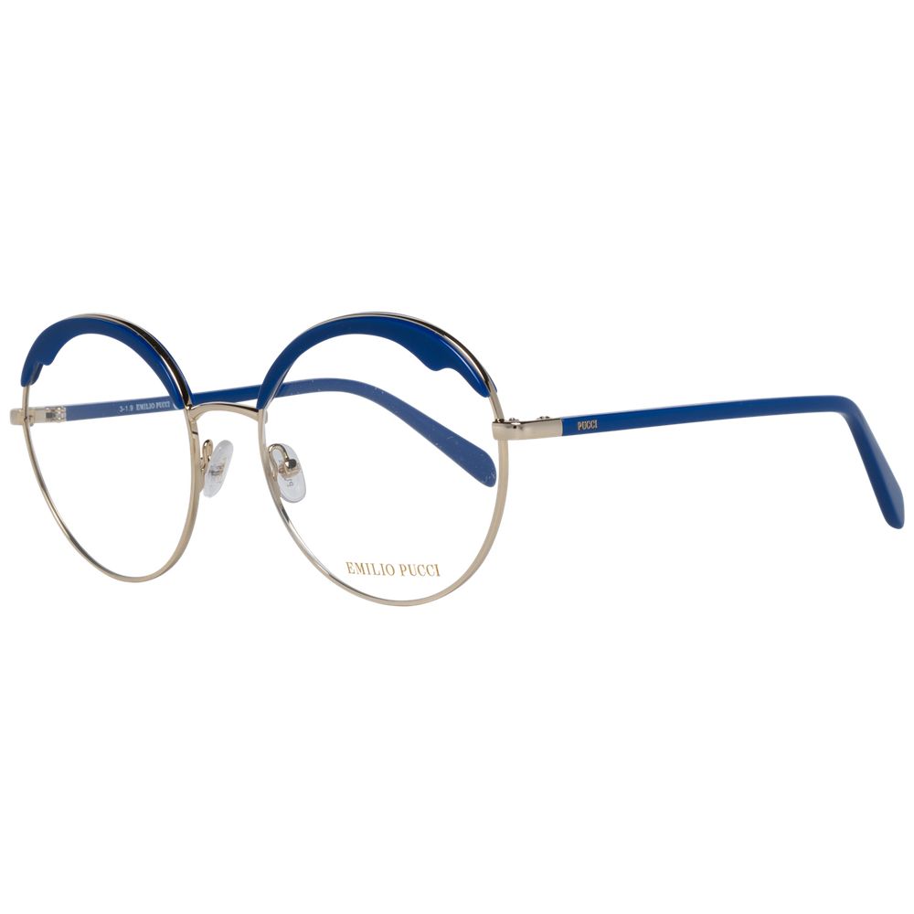 Emilio Pucci Blue Women Glasses Frame with metal and plastic, gold full-rim, size 54-19-140, includes branded case.