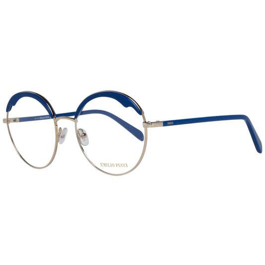 Emilio Pucci Blue Women Glasses Frame with metal and plastic, gold full-rim, size 54-19-140, includes branded case.