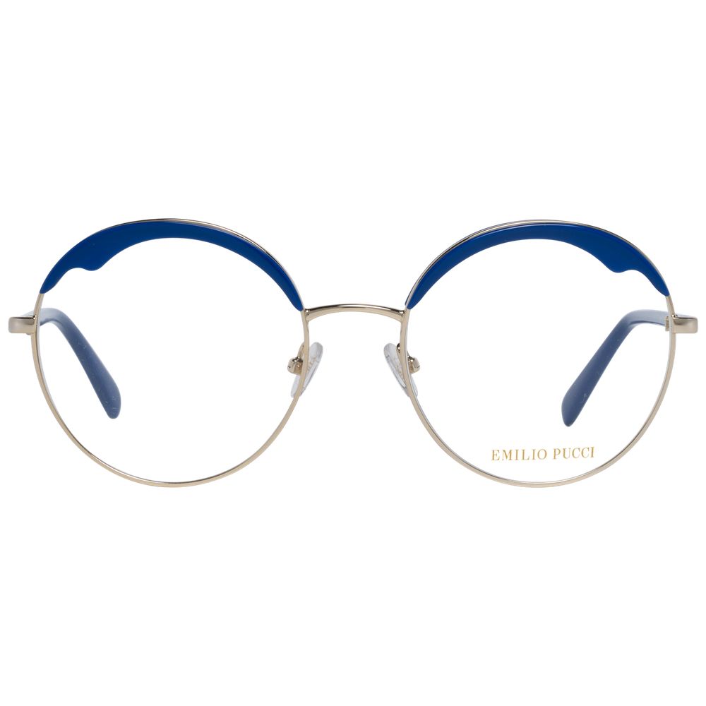 Emilio Pucci Blue Women Glasses Frame with gold metal & plastic material, full-rim style, and blue accents.