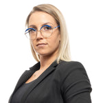 Woman wearing Emilio Pucci Blue Women Glasses Frame, featuring metal and plastic full-rim design with gold and blue details.