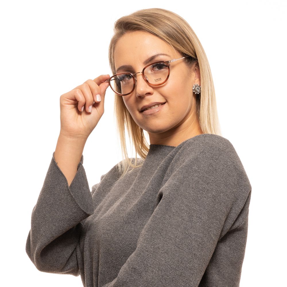 Woman wearing Lozza Brown Women Glasses Frame, full-rim oval style with demo lenses, 49-22-140 size, in metal and plastic.