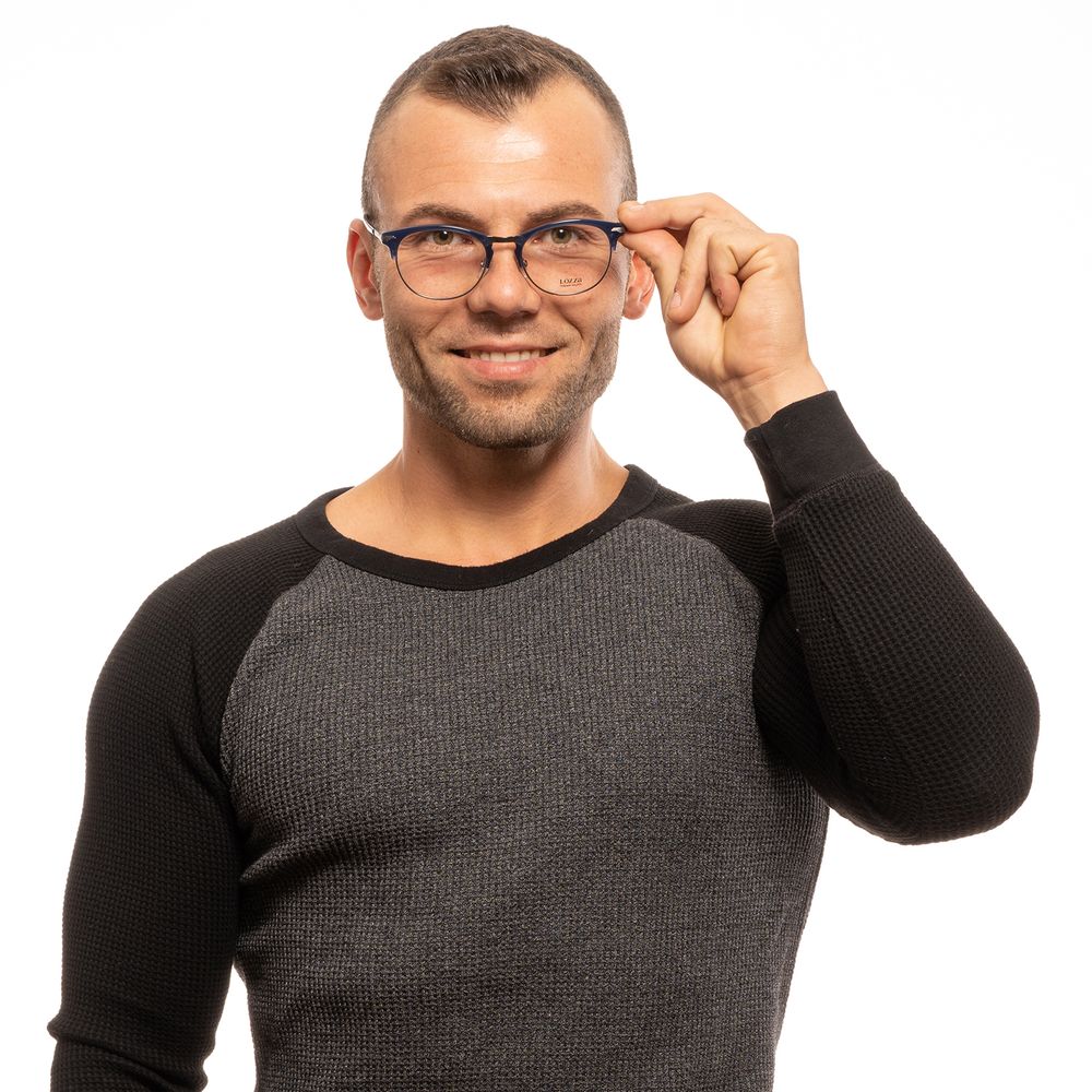 Man wearing Lozza Blue Unisex Glasses Frame, full-rim oval style with blue frame and demo lenses.