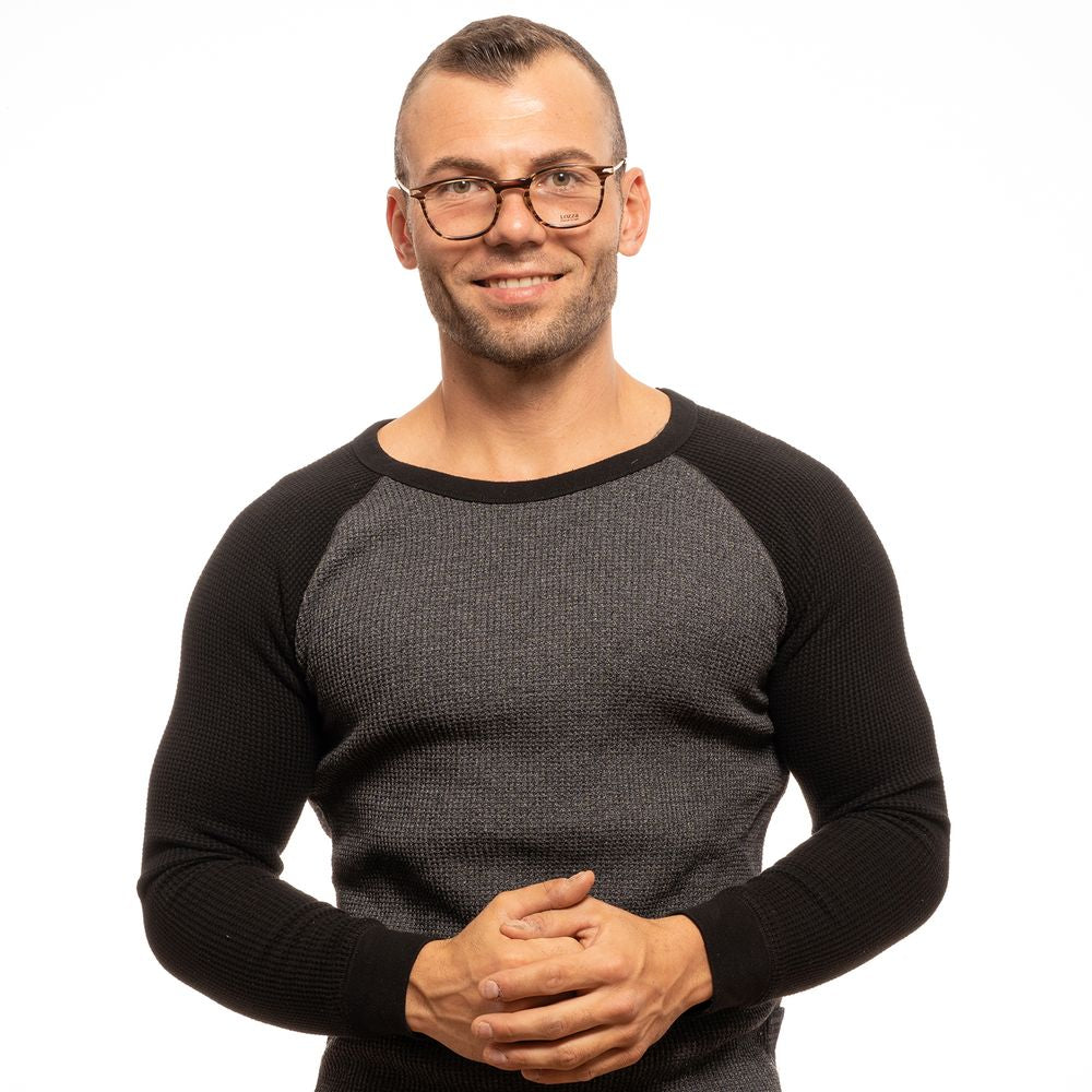 Man wearing Lozza Brown Men Glasses Frame with full-rim plastic design.