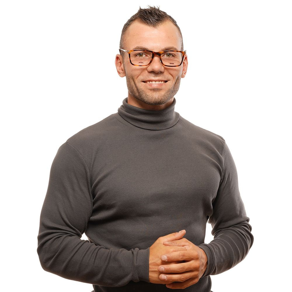 Man wearing BMW Brown Men Optical Frames with multicolor metal and plastic frame, demo lenses, style trapezium, full-rim design.