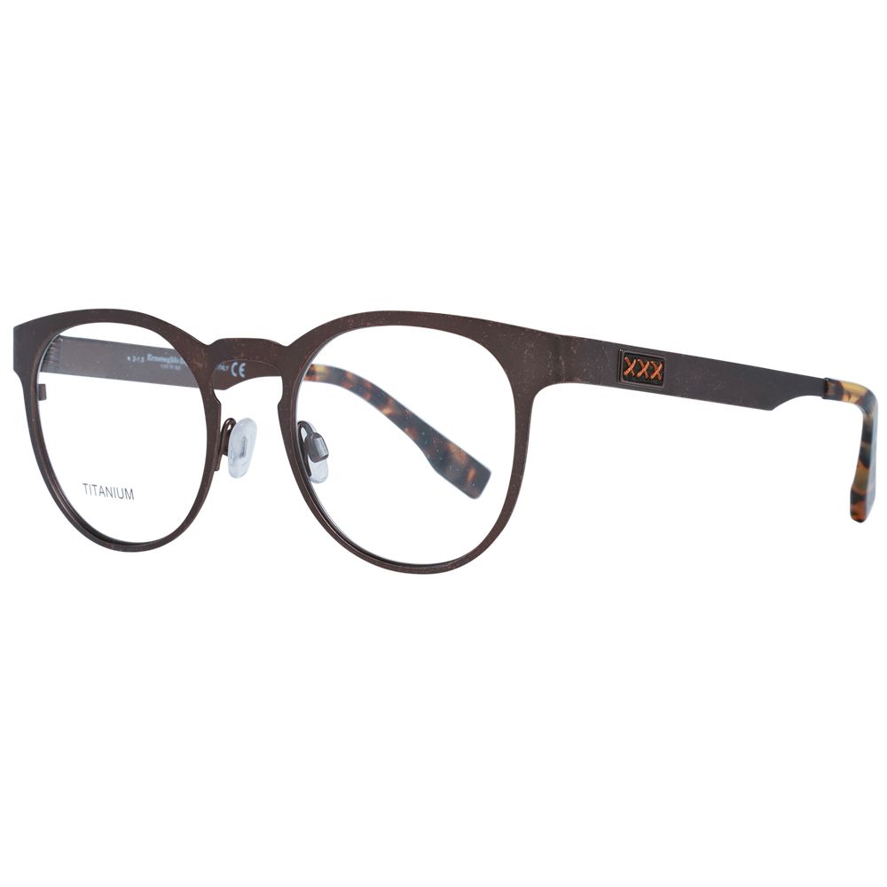 Ermenegildo Zegna Bronze Men Glasses Frame in titanium with full-rim round design, demo lenses, and branded case included.