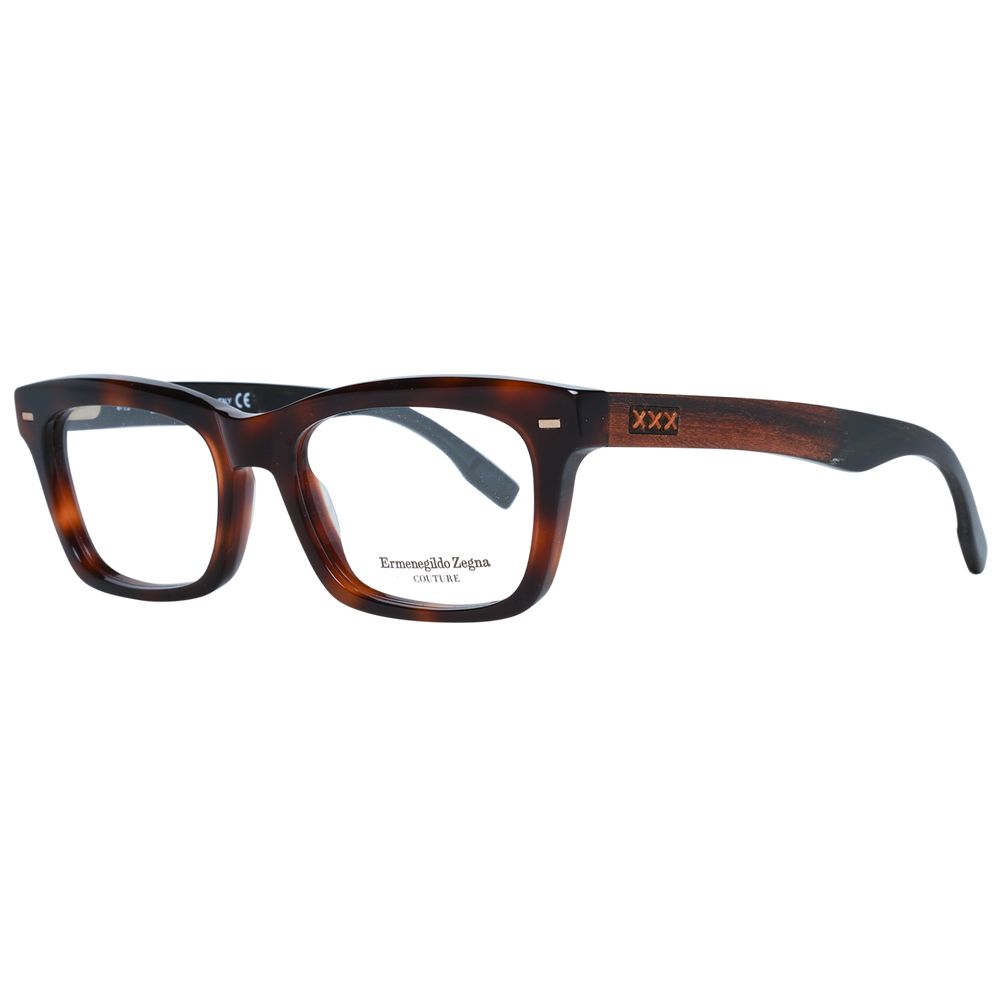 Ermenegildo Zegna Brown Men Glasses Frame in plastic, full-rim trapezium style with spring hinge, size 53-18-145, includes branded case.