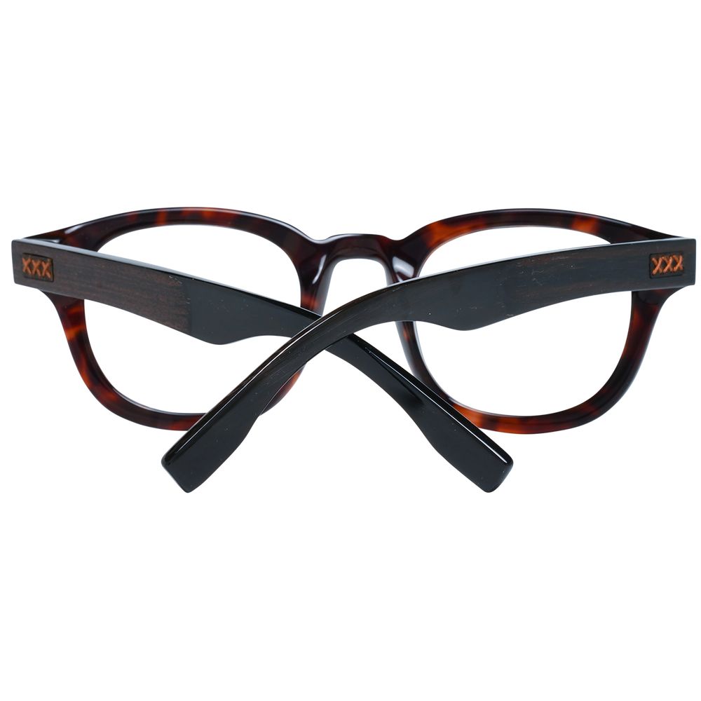 Ermenegildo Zegna Brown Men Glasses Frame in full-rim, round style with plastic lenses and frame, featuring a spring hinge.