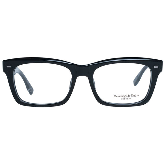 Ermenegildo Zegna Black Men Glasses Frame in full-rim trapezium style, black plastic with 56-18-150 dimensions, spring hinge included.