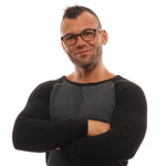 Man wearing Ermenegildo Zegna Brown Men Glasses Frame with full-rim trapezium style, plastic material, and spring hinge.
