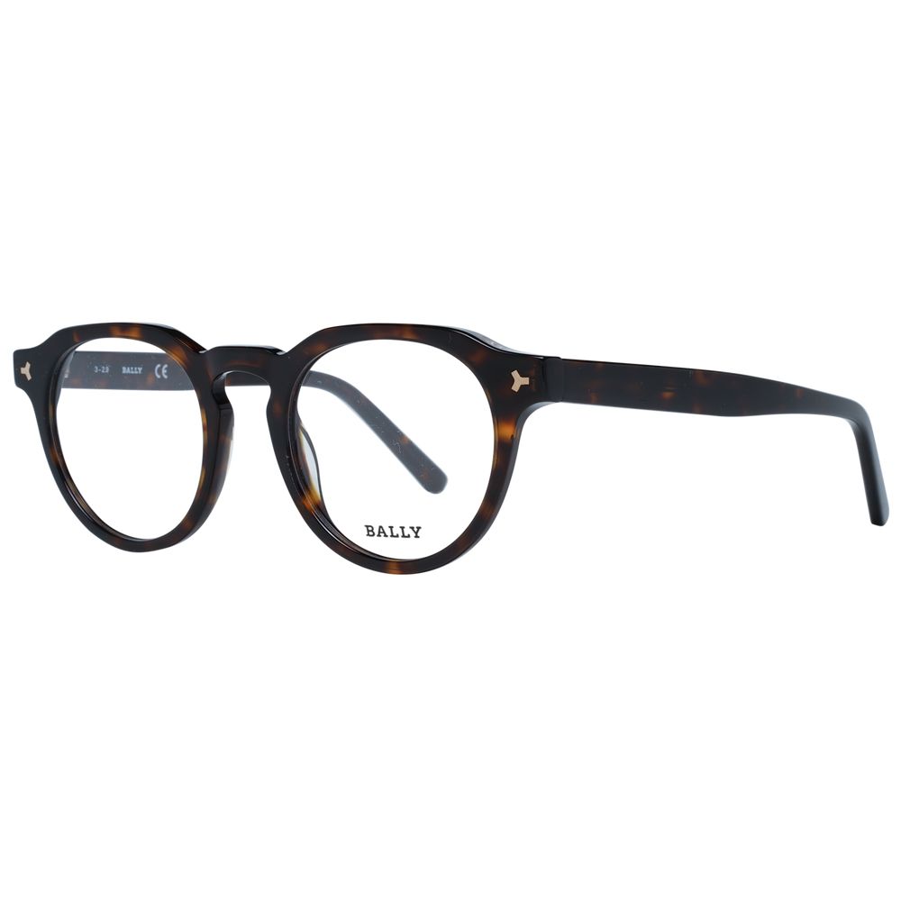 Bally Brown Men Glasses Frame, acetate full-rim, round design, demo lenses, 48mm width, includes branded case.