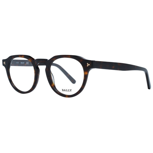 Bally Brown Men Glasses Frame, acetate full-rim, round design, demo lenses, 48mm width, includes branded case.