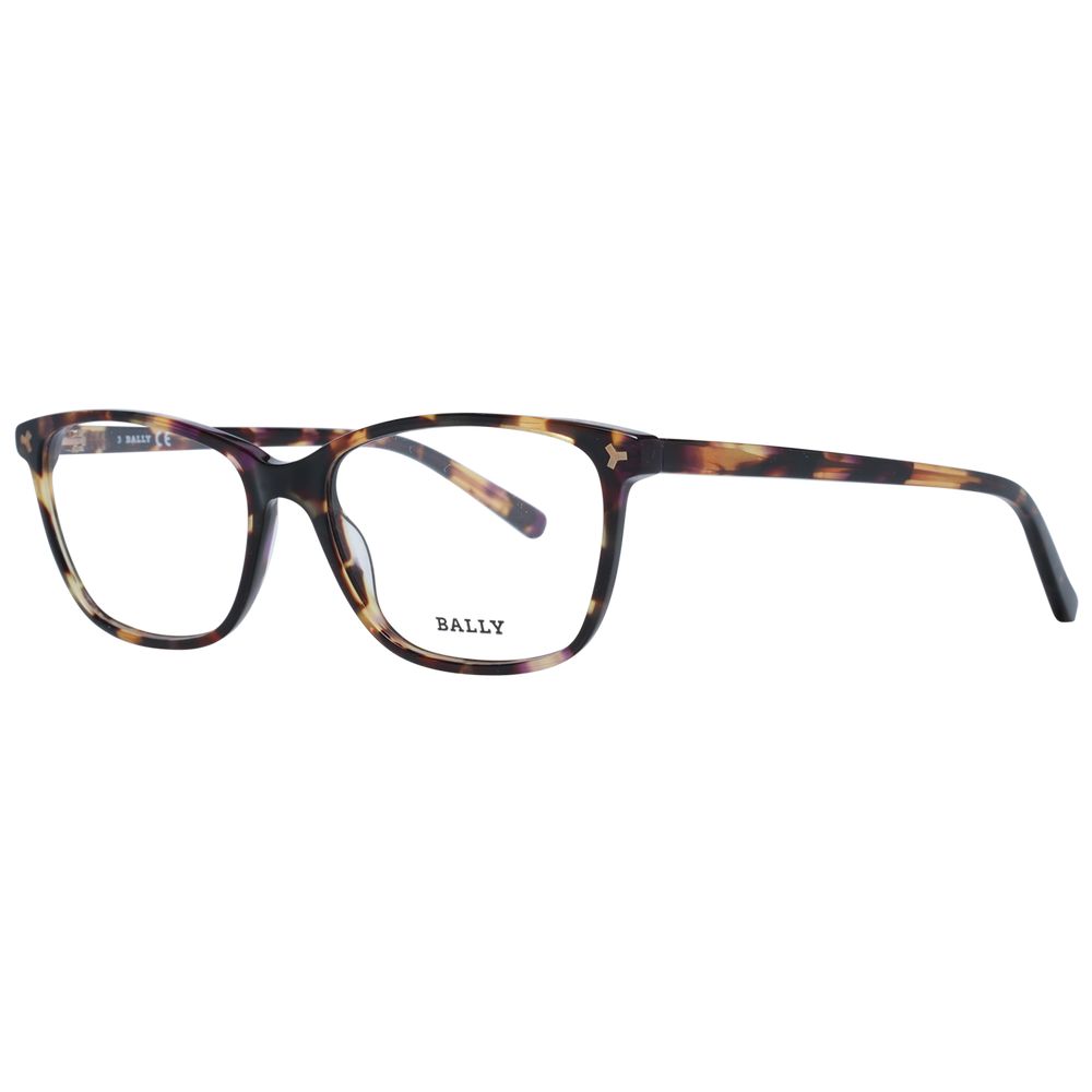 Bally Brown Women Glasses Frame, full-rim acetate square design, demo lenses, size 54-16-140, includes branded case.