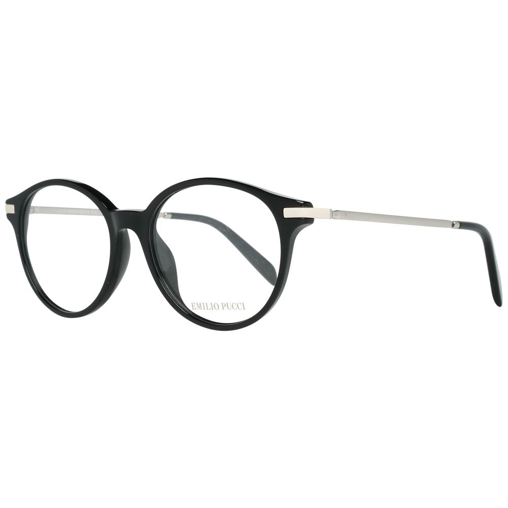Emilio Pucci Black Women Glasses Frame with full-rim style, metal and plastic material, demo lenses, and branded case included.