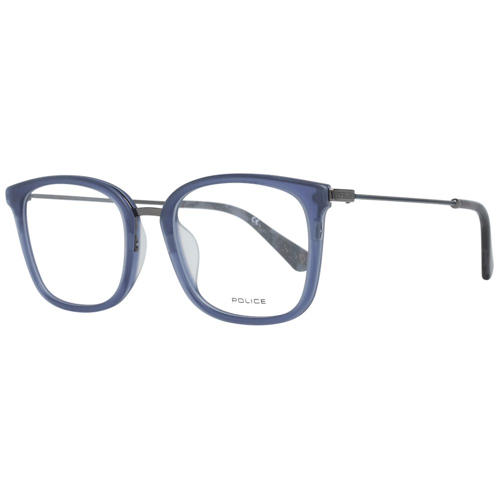 Police Blue Men Glasses Frame with trapezium shape, blue full-rim, metal and plastic material, 51-19-140 size.