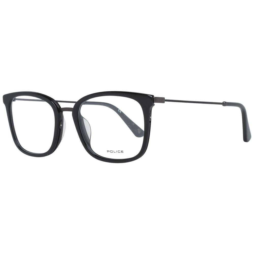 Police Black Men Glasses Frame with trapezium design, black metal and plastic full-rim, demo lenses, size 50-13-140, no spring hinge.