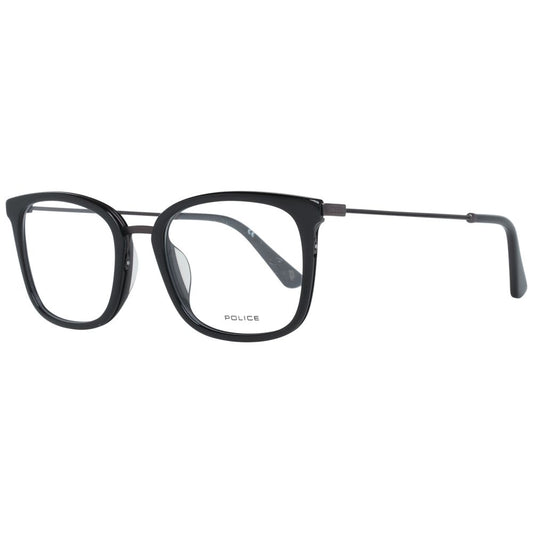 Police Black Men Glasses Frame with trapezium design, black metal and plastic full-rim, demo lenses, size 50-13-140, no spring hinge.
