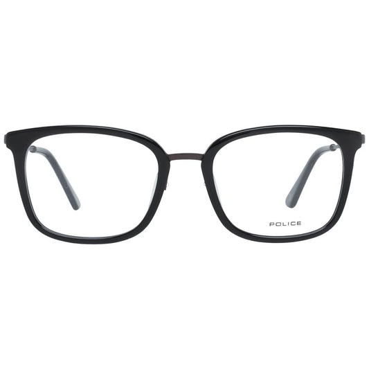 Police Black Men Glasses Frame with metal and plastic trapezium style for men, full-rim design with demo lenses, branded case included.