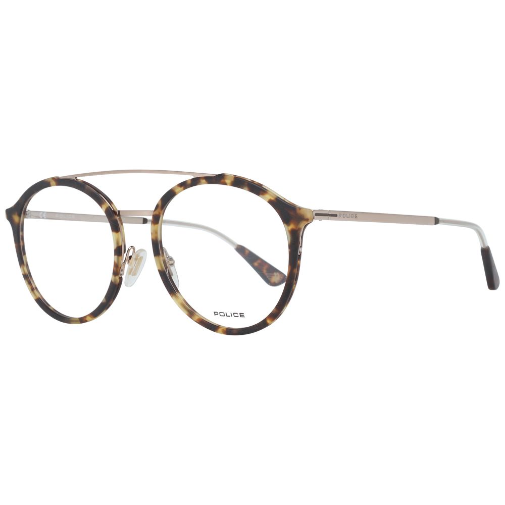 Police Brown Men Glasses Frame with metal and plastic full-rim design, aviator style, and round lenses in demo color.