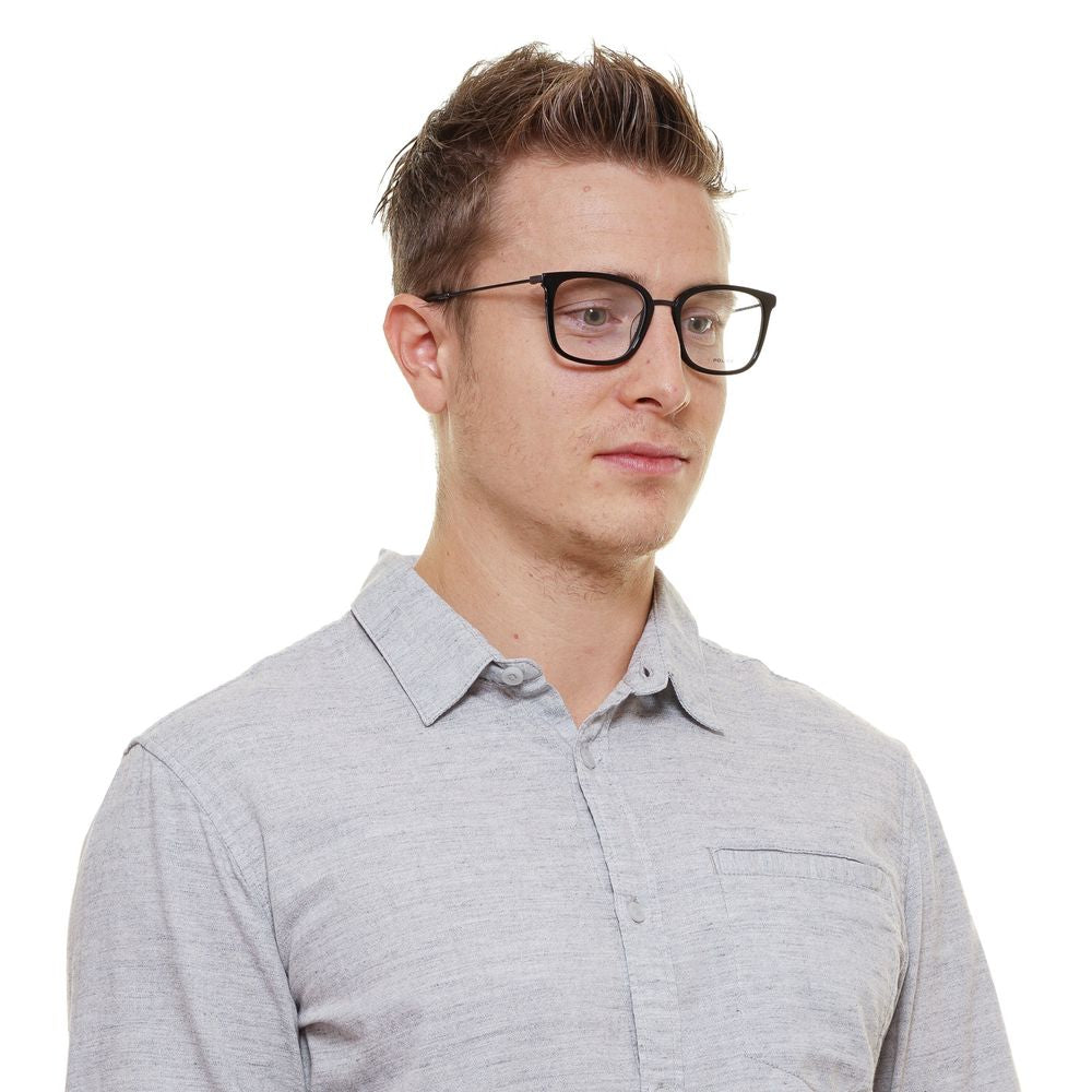 Police Black Men Glasses Frame in metal & plastic, full-rim, trapezium style. Ideal for men seeking modern eyewear. Frame color: Black.