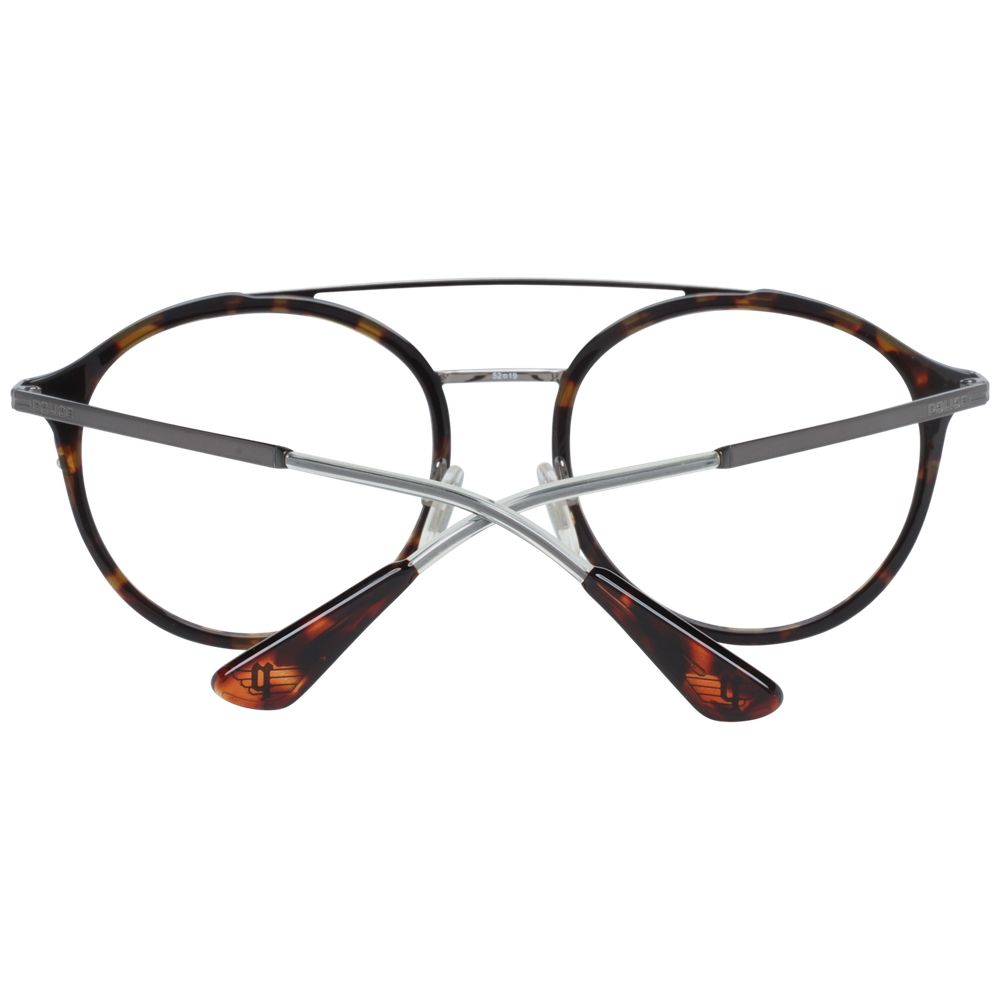 Police Brown Men Glasses Frame with metal and plastic full-rim design, aviator style, 52-19-140 size, and demo lenses included.