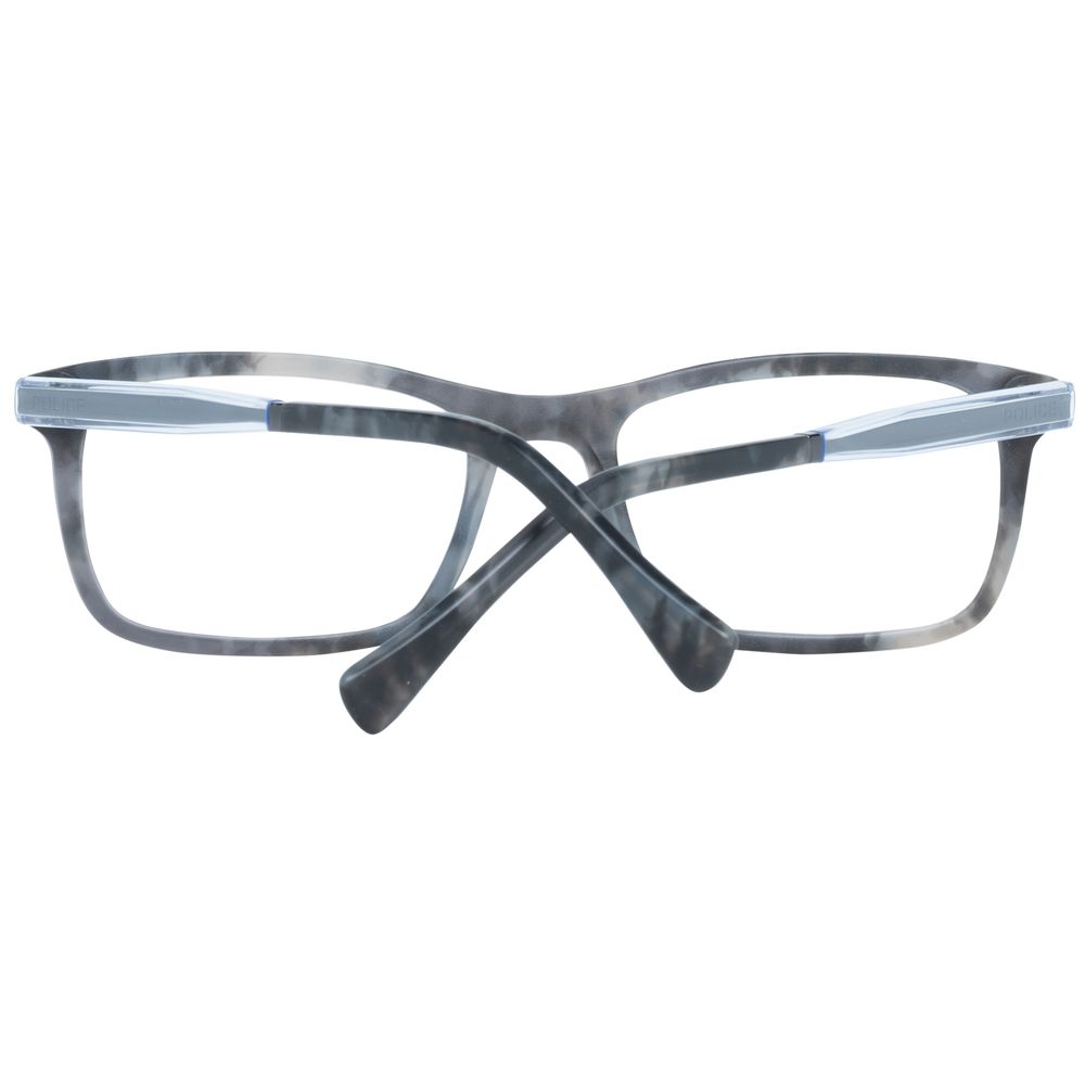 Police Gray Men Glasses Frame in plastic, full-rim style with rectangle demo lenses. Size 52-19-145, ideal for stylish and modern look.