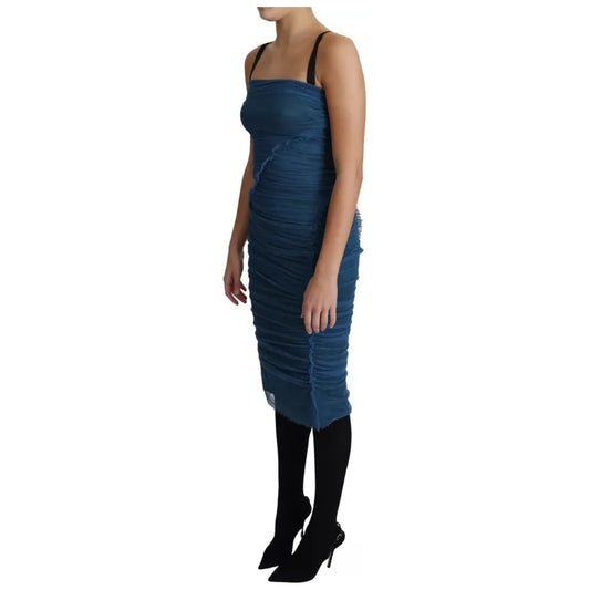 Dolce & Gabbana Blue Draped Tulle Midi Sheath Cotton Dress DR2704-42