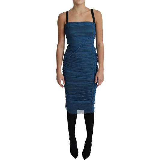 Dolce & Gabbana Blue Draped Tulle Midi Sheath Cotton Dress DR2704#-36
