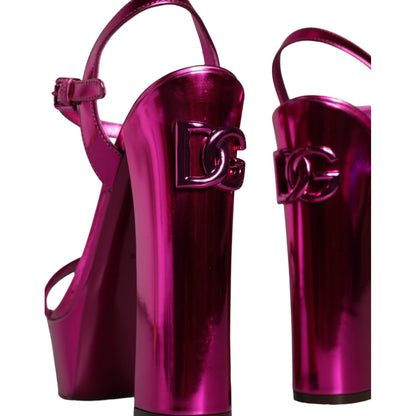Dolce & Gabbana Fuchsia Leather Platform Logo Keira Sandals Shoes