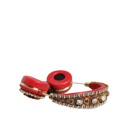 Dolce & Gabbana Red Nappa Leather Floral Crystal Headphone