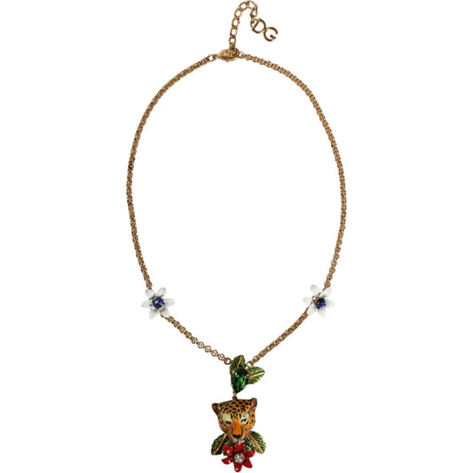 Dolce & Gabbana Gold Brass Leopard Flower Embellished Statement Necklace SMY10349