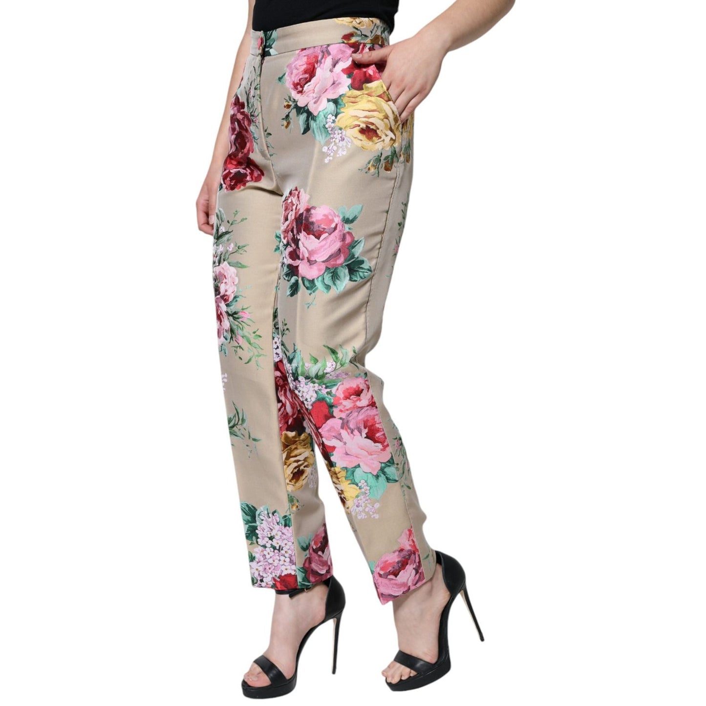 Dolce & Gabbana Beige Floral Jacquard High Waist Tapered Pants