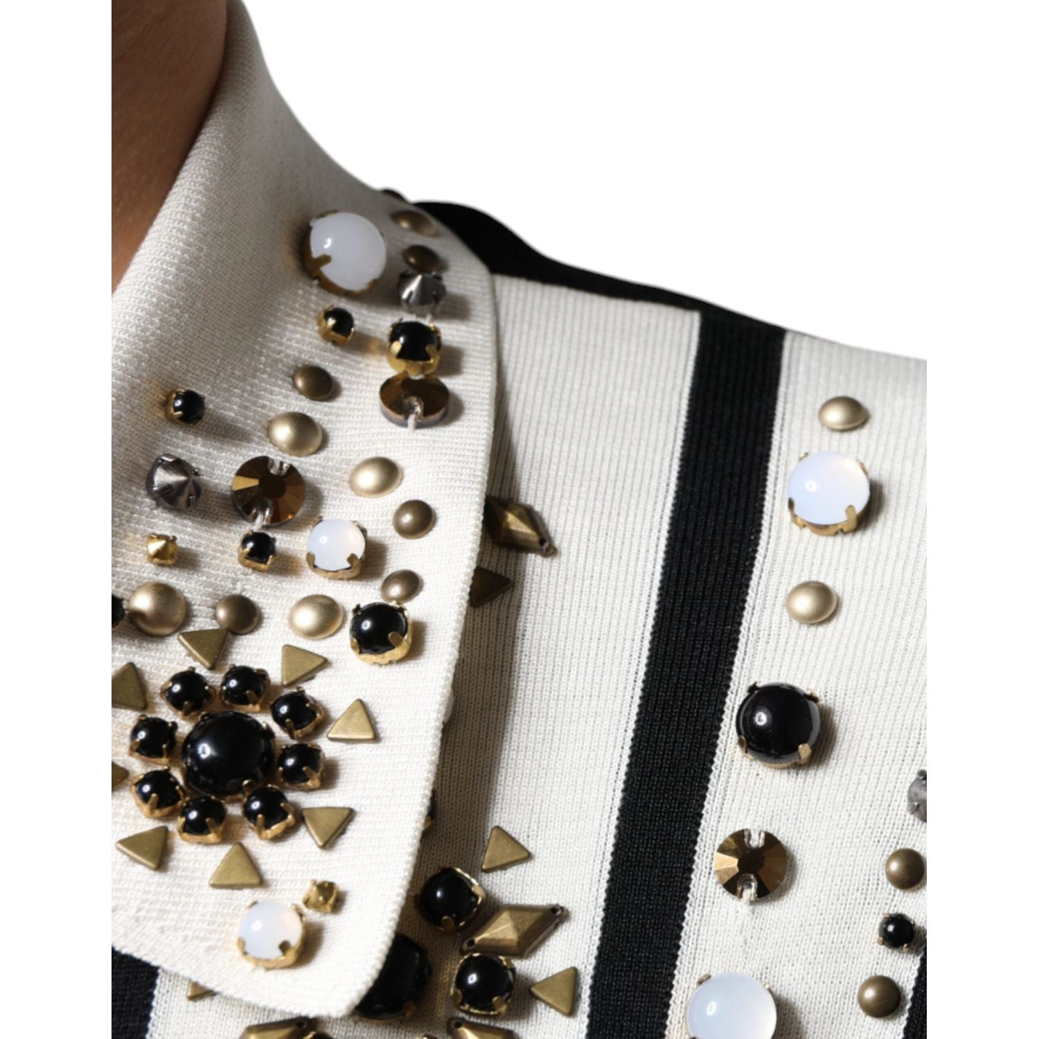 Dolce & Gabbana White Black Silk Studded Stone Crystal Shirt