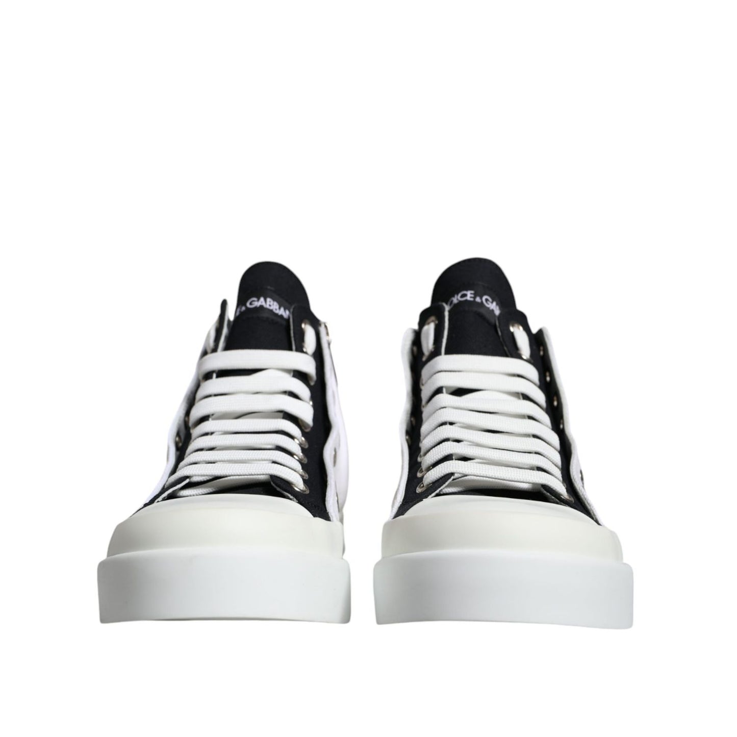 Dolce & Gabbana White Black Cotton Logo High Top Sneaker Shoes