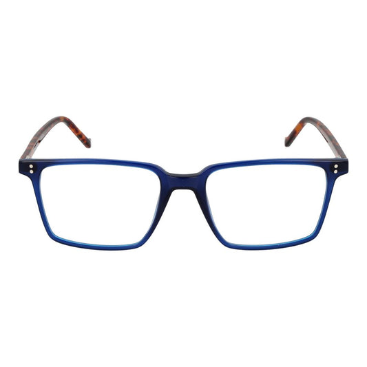 Hackett Blue Men Glasses Frame, full-rim square shape, blue plastic with demo lenses and branded case, size 56-19-145.