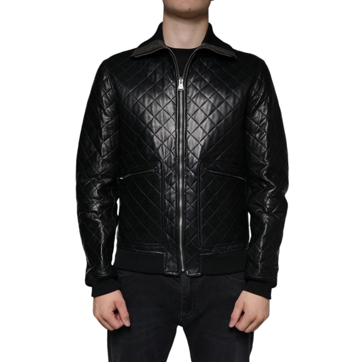 Dolce & Gabbana Black Calf Leather Quilted Full Zip Jacket