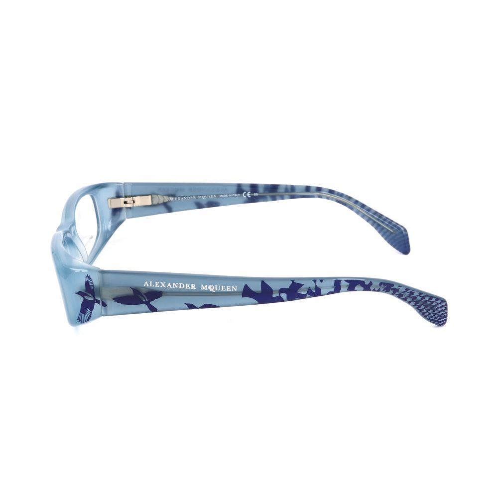 Side view of Alexander McQueen Blue Acetate Frames for women, AMQ4150IQY glasses with blue pattern, size 53/15/135 mm
