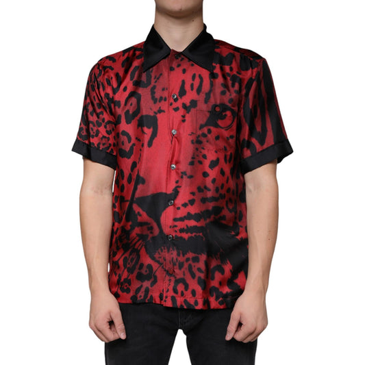 Dolce & Gabbana Red Leopard Silk Button Down Casual Shirt