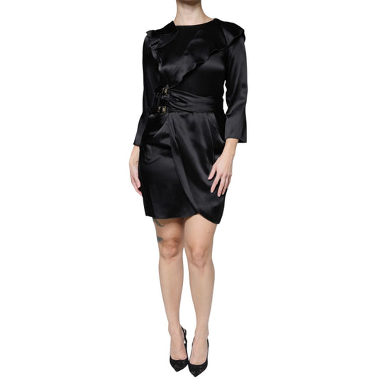 Emporio Armani Black Satin Long Sleeves Wrap Sheath Mini Dress