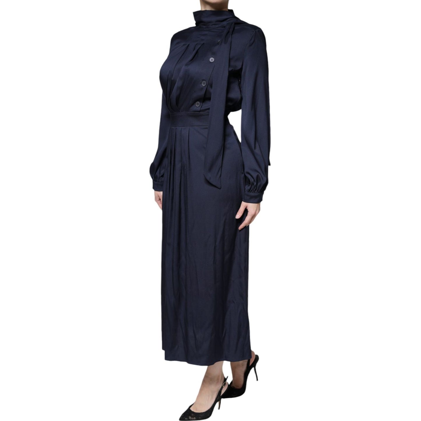 Ballantyne Dark Blue Long Sleeves Pleated A-line Maxi Dress